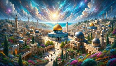 Primary subject: A city with a large mosque and a blue dome.

Setting/background: The city is set in a desert landscape, with a blue sky and a few clouds.

Visual style: The image is a digital art or illustration, featuring a detailed and colorful cityscape.

Colors and mood: The dominant colors are blue, green, and pink, creating a vibrant and lively atmosphere.